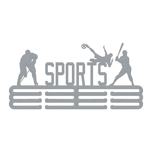 Laser-cut metal wall art featuring silhouettes of a hockey player, a soccer player executing a bicycle kick, and a baseball player. The word 'SPORTS' is prominently displayed in bold lettering above a base of horizontal lines.